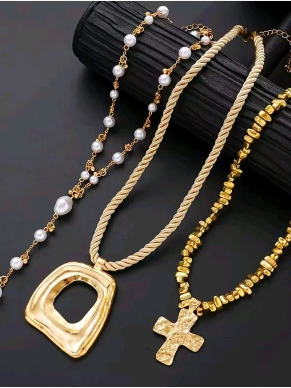 Gold-Tone Layered Necklace with White Pearls